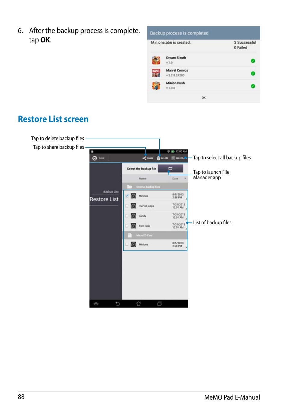 Restore list screen, After the backup process is complete, tap ok | Asus MeMO Pad HD 7 User Manual | Page 88 / 106