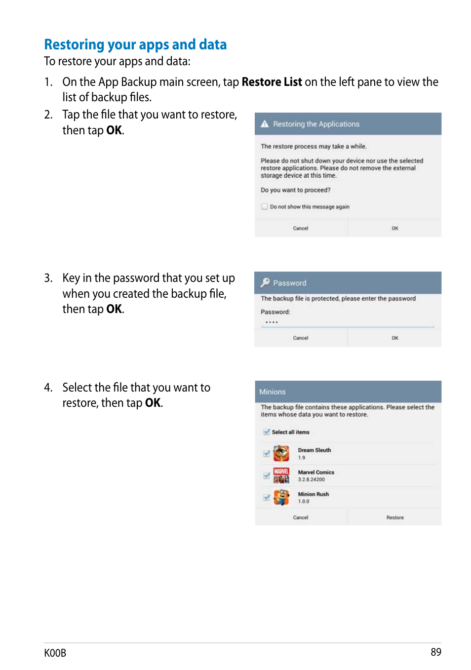 Restoring your apps and data | Asus MeMO Pad HD 7 User Manual | Page 89 / 106