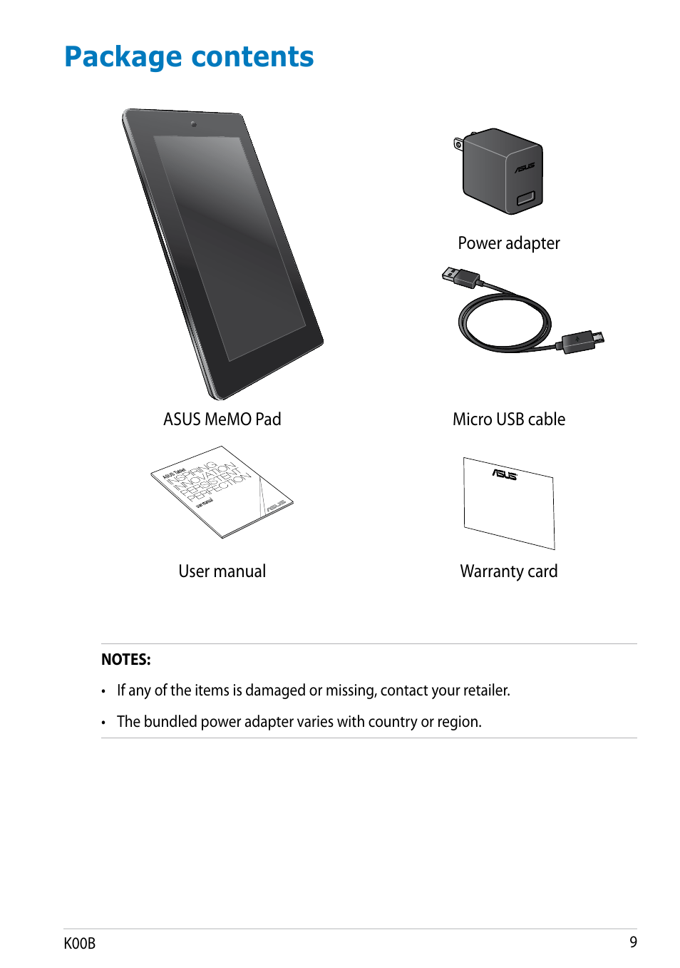 Package contents | Asus MeMO Pad HD 7 User Manual | Page 9 / 106