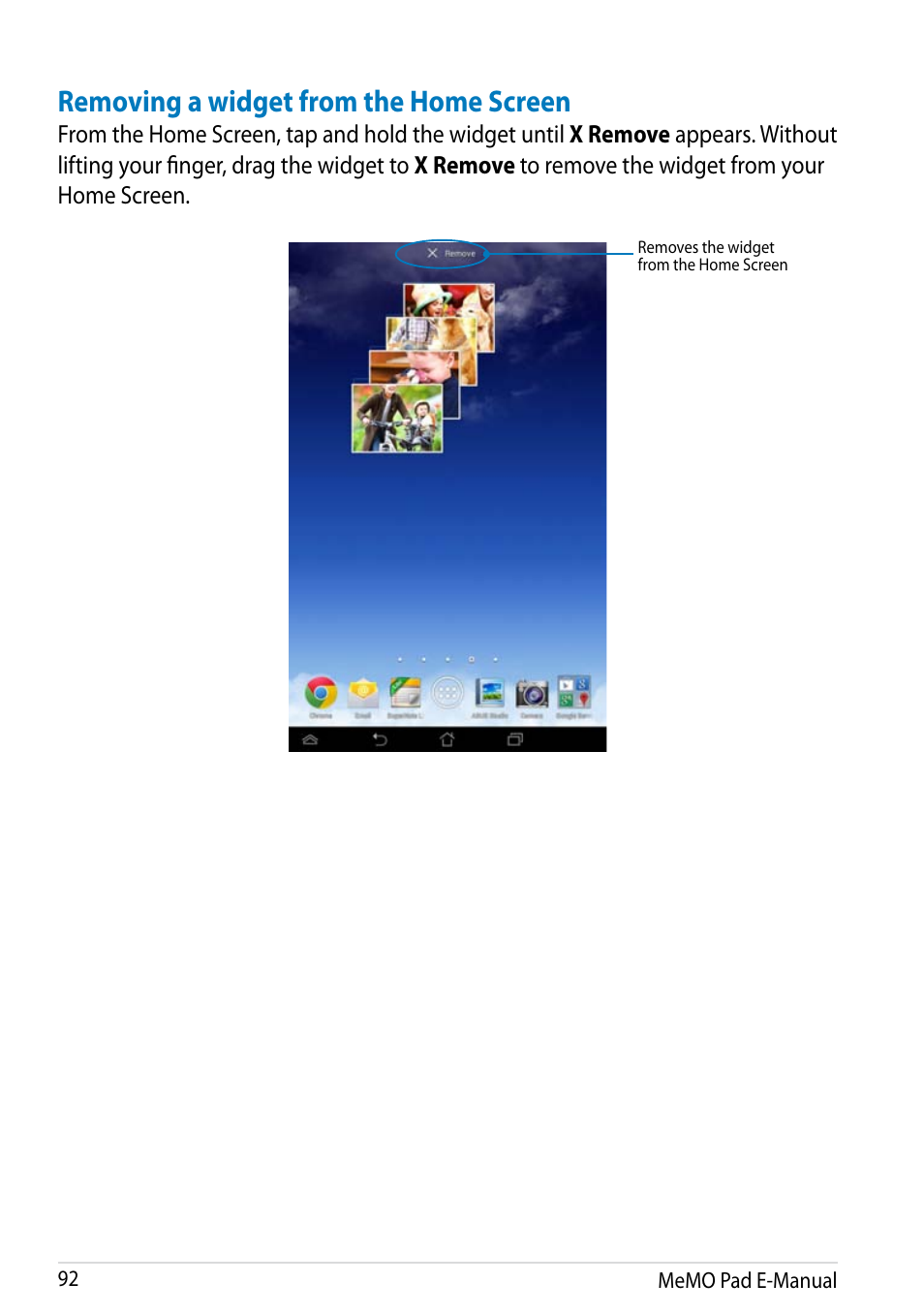 Removing a widget from the home screen | Asus MeMO Pad HD 7 User Manual | Page 92 / 106