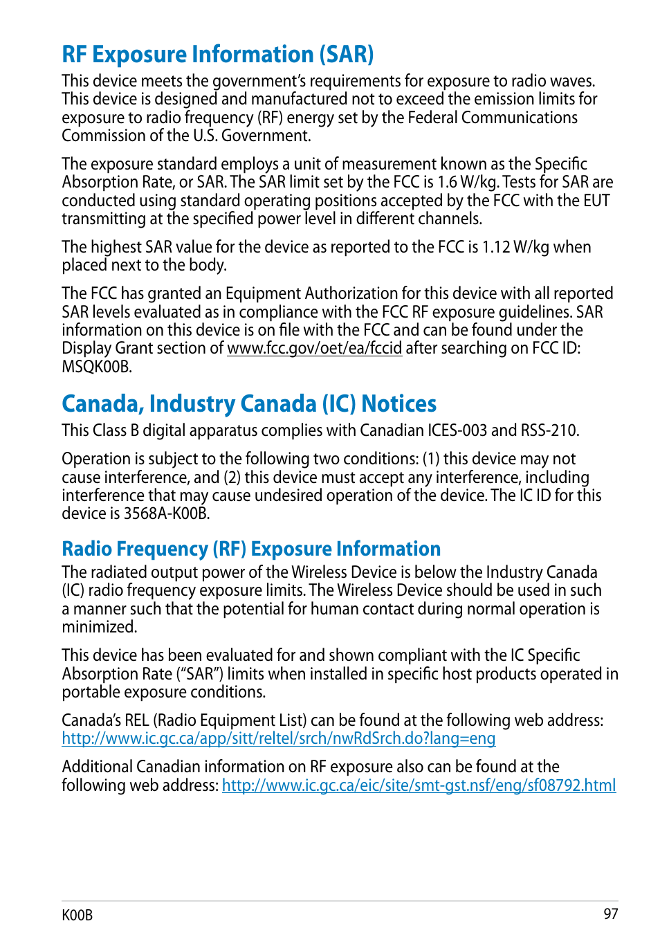 Rf exposure information (sar), Canada, industry canada (ic) notices, Radio frequency (rf) exposure information | Asus MeMO Pad HD 7 User Manual | Page 97 / 106