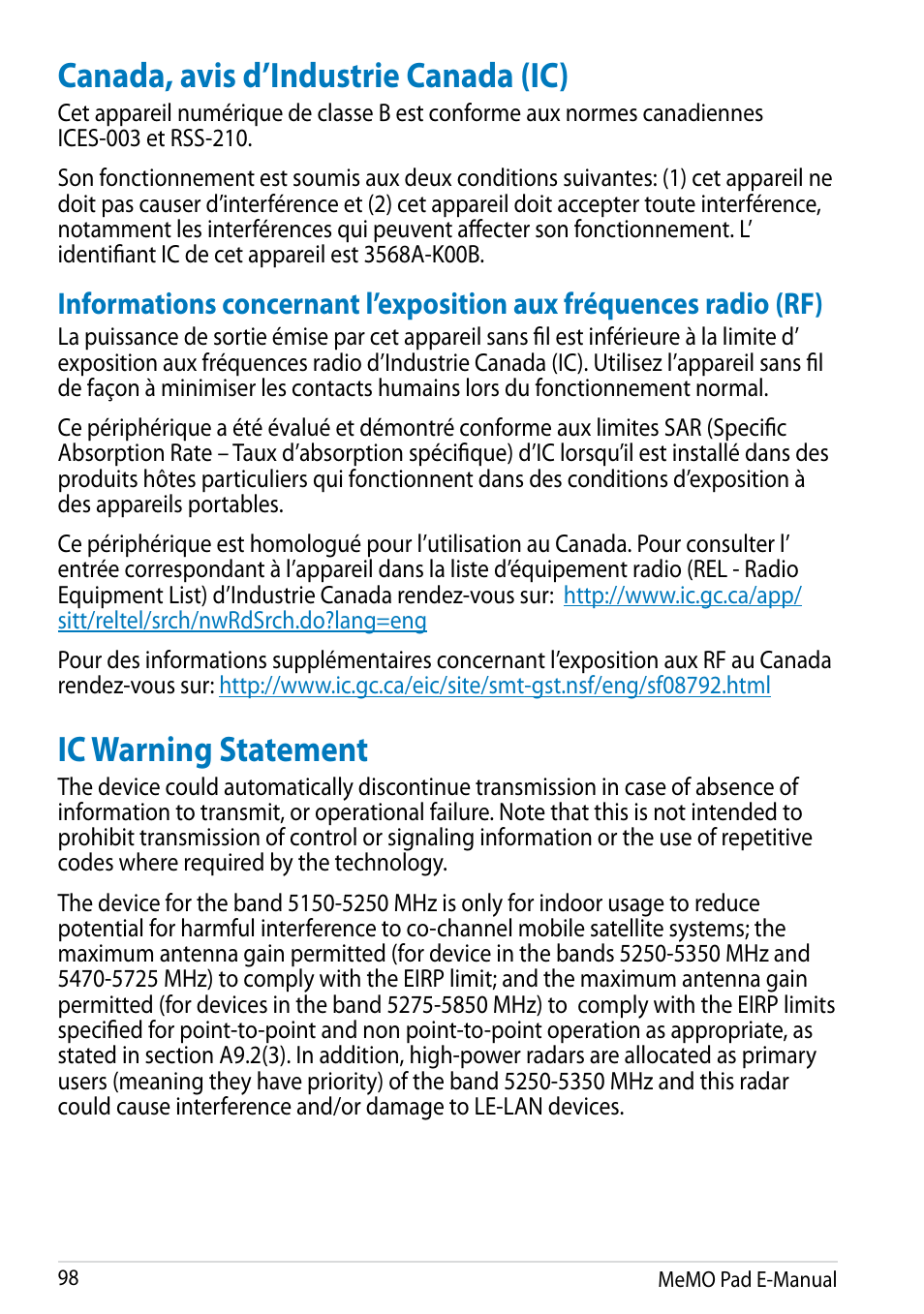 Canada, avis d’industrie canada (ic), Ic warning statement | Asus MeMO Pad HD 7 User Manual | Page 98 / 106