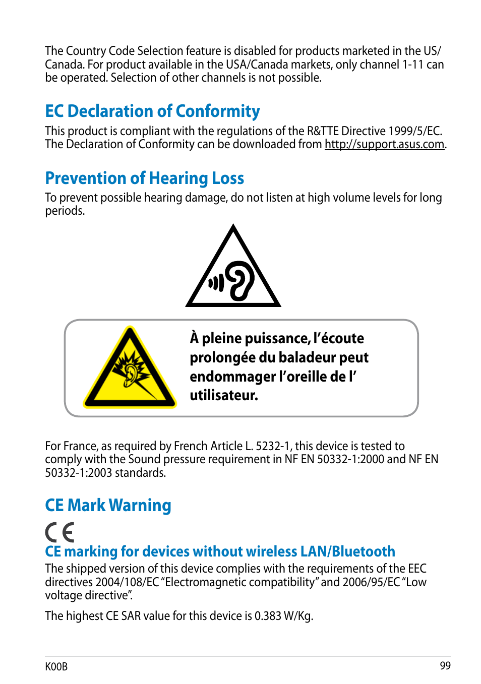 Ec declaration of conformity, Prevention of hearing loss, Ce mark warning | Asus MeMO Pad HD 7 User Manual | Page 99 / 106