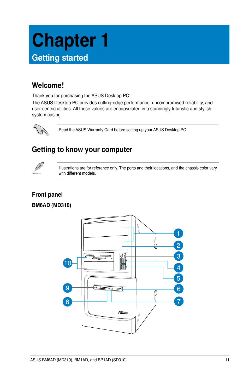 Chapter 1: getting started, Welcome, Getting to know your computer | Getting started, Welcome! getting to know your computer, Chapter 1 | Asus BP1AD User Manual | Page 11 / 87