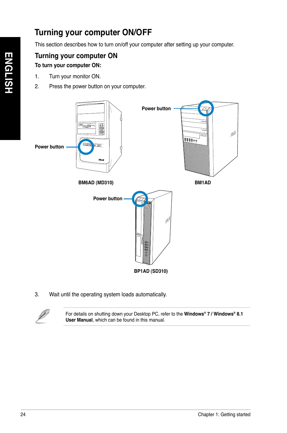 Turning your computer on/off, En gl is h en gl is h | Asus BP1AD User Manual | Page 24 / 87