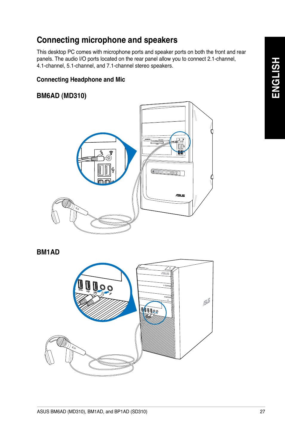 Connecting microphone and speakers, En gl is h en gl is h | Asus BP1AD User Manual | Page 27 / 87