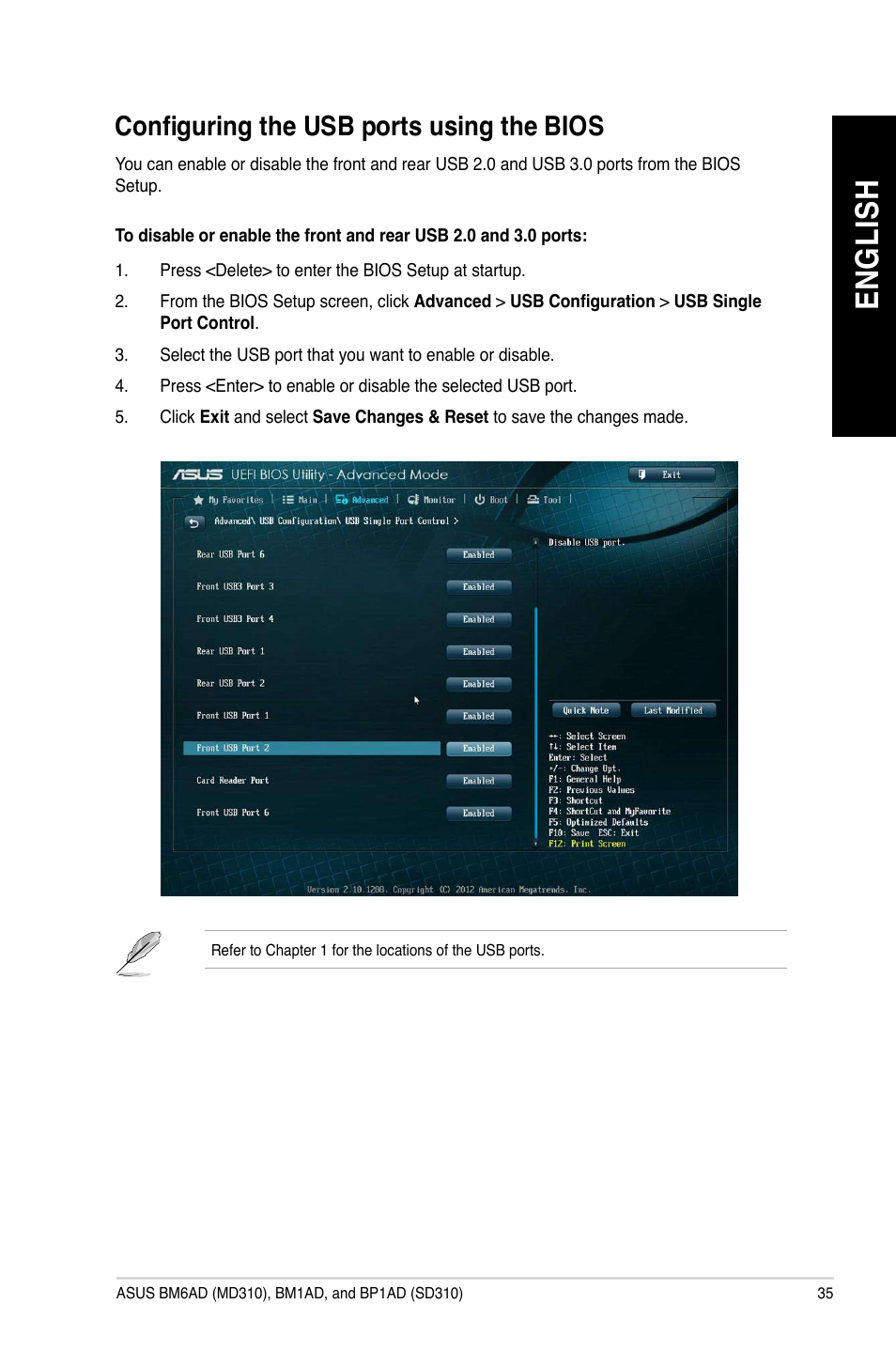 Configuring the usb ports using the bios, En gl is h en gl is h | Asus BP1AD User Manual | Page 35 / 87