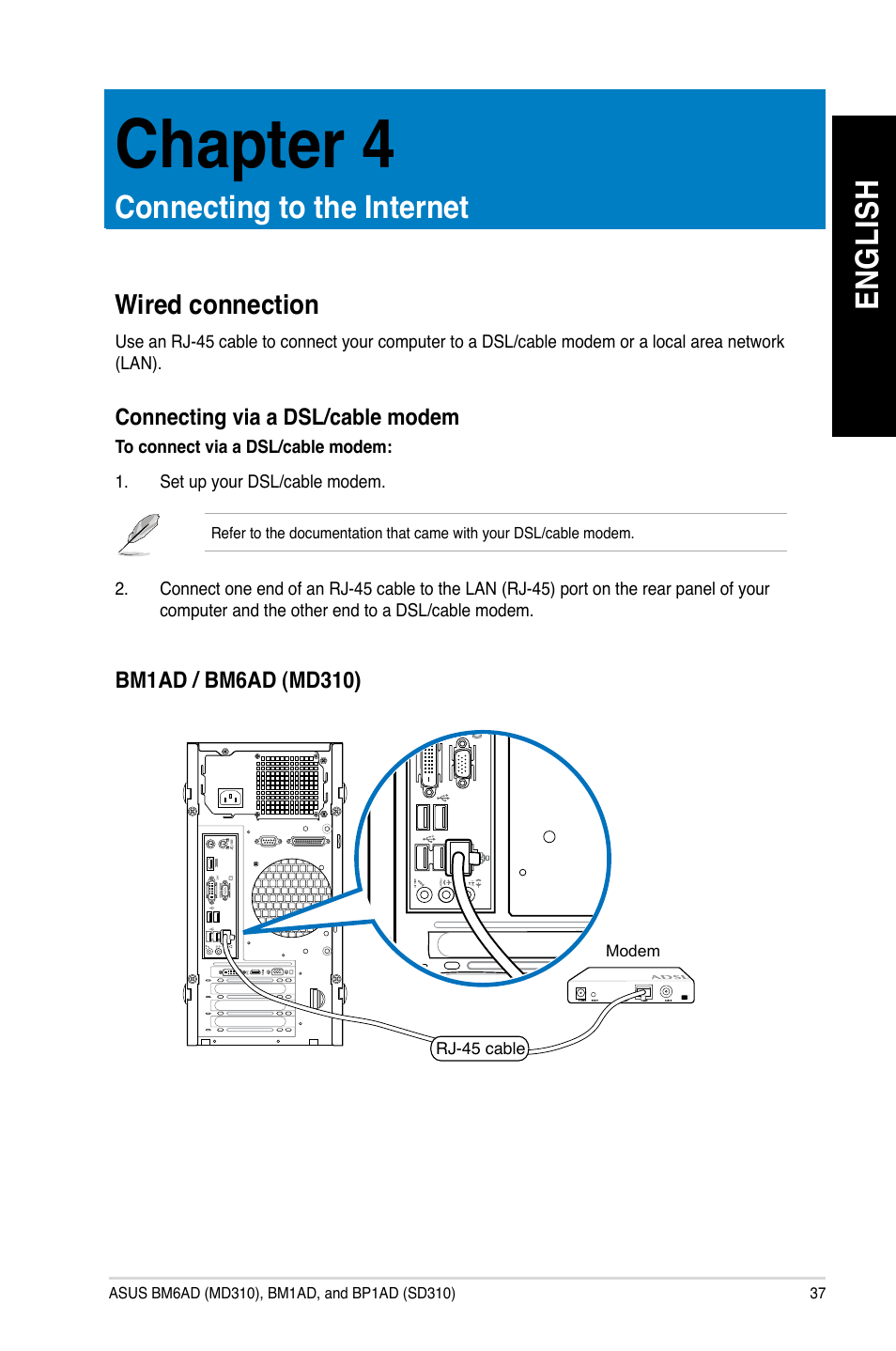 Chapter 4: connecting to the internet, Wired connection, Connecting to the internet | Chapter 4, En gl is h en gl is h | Asus BP1AD User Manual | Page 37 / 87