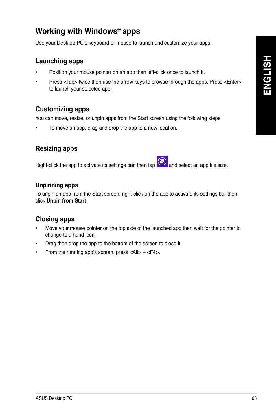 Working with windows® apps, Working with windows, Apps | En gl is h en gl is h | Asus BP1AD User Manual | Page 63 / 87