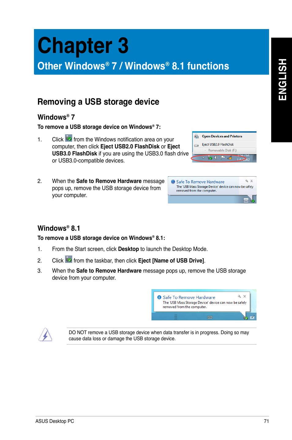 Other windows® 7 / windows® 8.1 functions, Removing a usb storage device, Other windows | 7 / windows, 1 functions, Chapter 3, En gl is h en gl is h | Asus BP1AD User Manual | Page 71 / 87