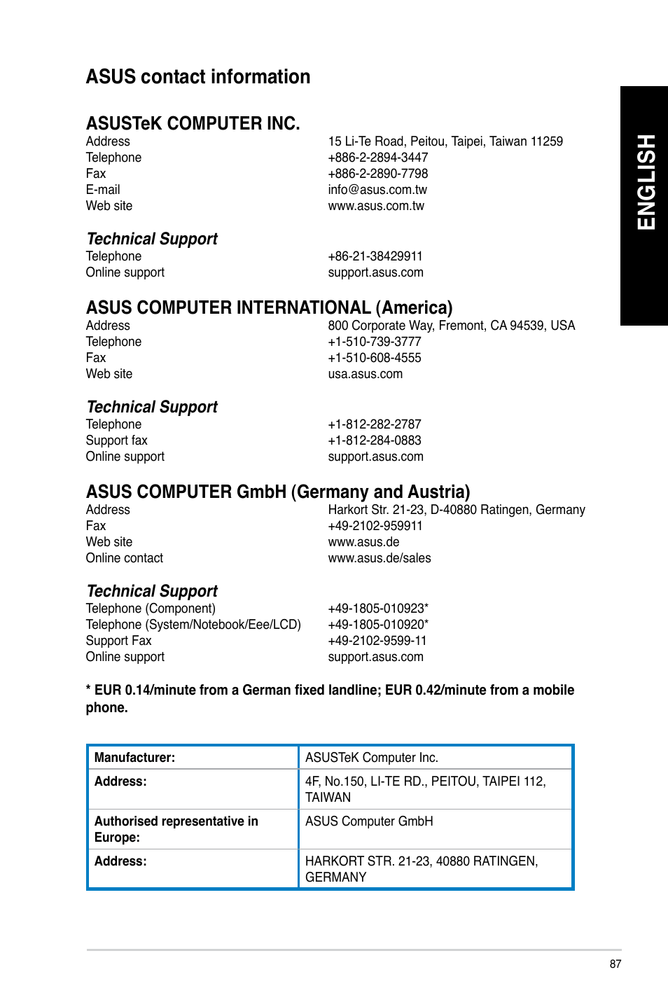 Asus contact information, En gl is h en gl is h, Asustek computer inc | Asus computer international (america), Asus computer gmbh (germany and austria), Technical support | Asus BP1AD User Manual | Page 87 / 87