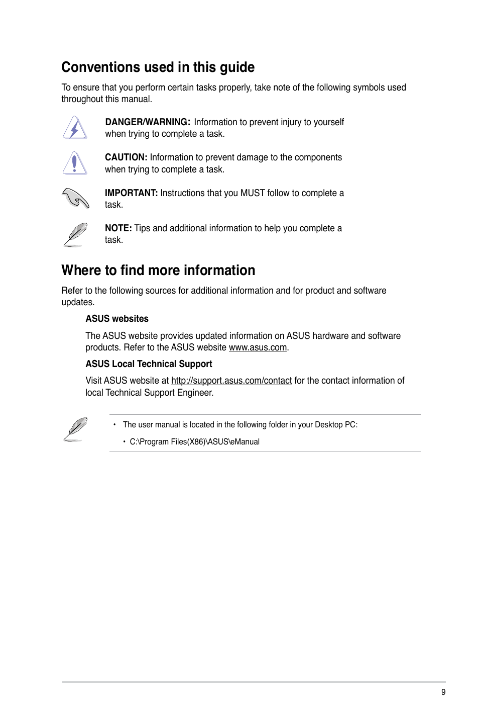 Conventions used in this guide, Where to find more information | Asus BP1AD User Manual | Page 9 / 87