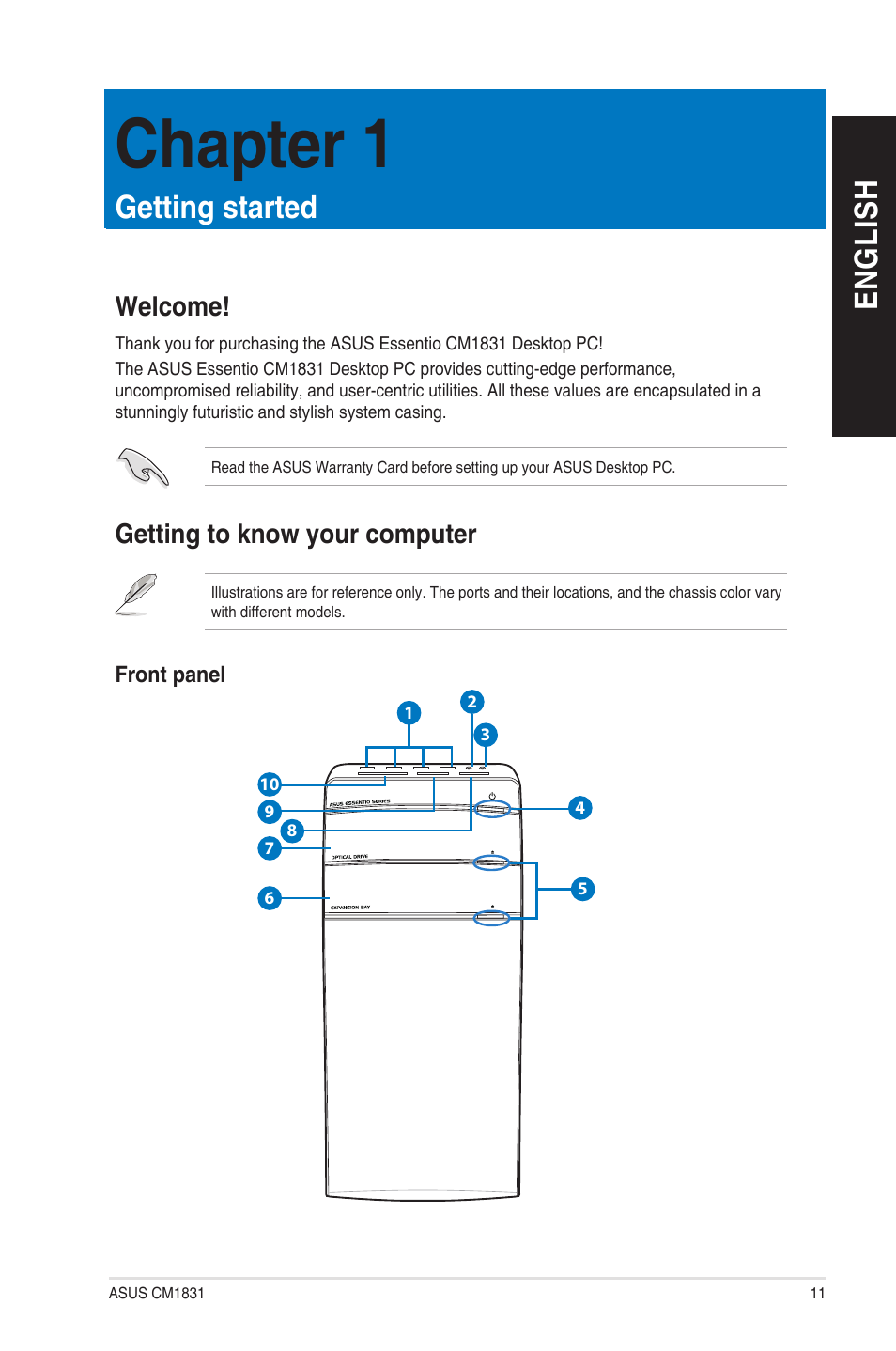 Chapter 1, Getting started, Welcome | Getting to know your computer, Welcome! getting to know your computer, En g lis h en g li sh | Asus CM1831 User Manual | Page 11 / 208