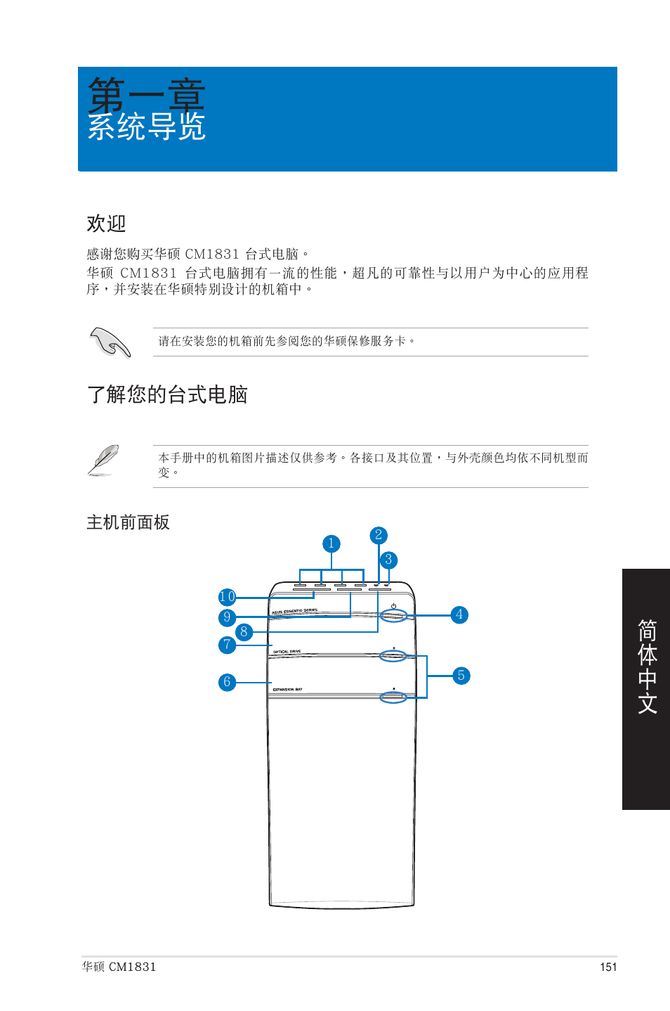 系統導覽, 了解您的台式電腦, 第一章：系統導覽 | 歡迎 了解您的台式電腦 | Asus CM1831 User Manual | Page 151 / 208