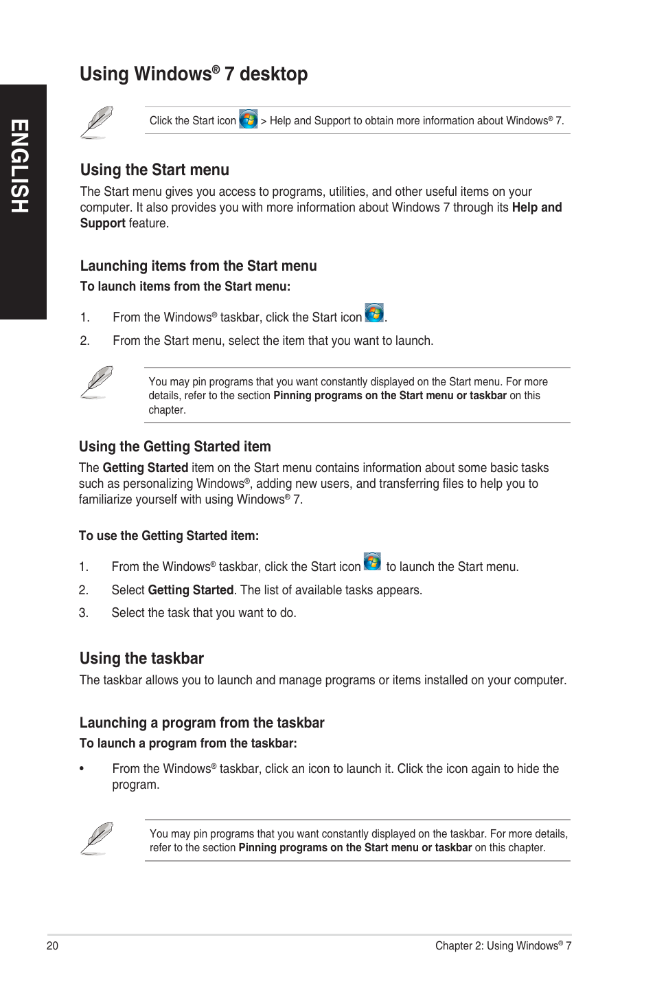 Using windows® 7 desktop, Using windows, En g lis h en g li sh en g lis h en g li sh | 7 desktop | Asus CM1831 User Manual | Page 20 / 208