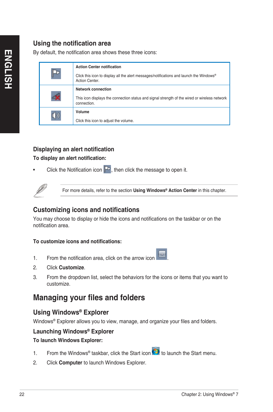 Managing your files and folders, En g lis h en g li sh en g lis h en g li sh | Asus CM1831 User Manual | Page 22 / 208