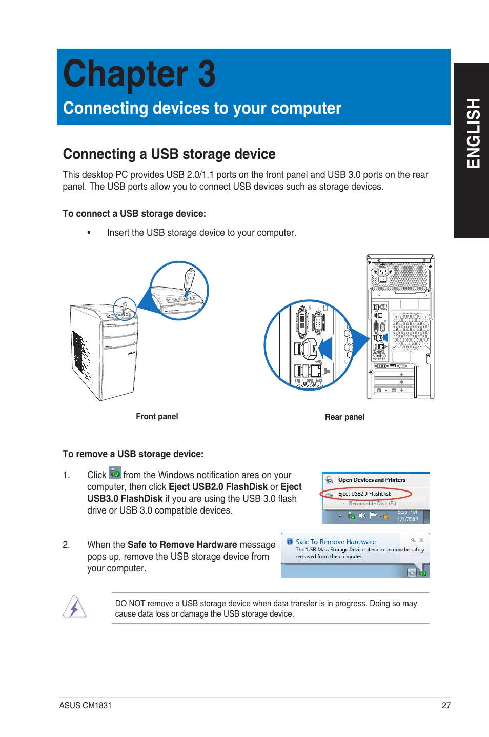 Chapter 3, Connecting devices to your computer, Connecting a usb storage device | Chapter 3: connecting devices to your computer, En g lis h en g li sh | Asus CM1831 User Manual | Page 27 / 208