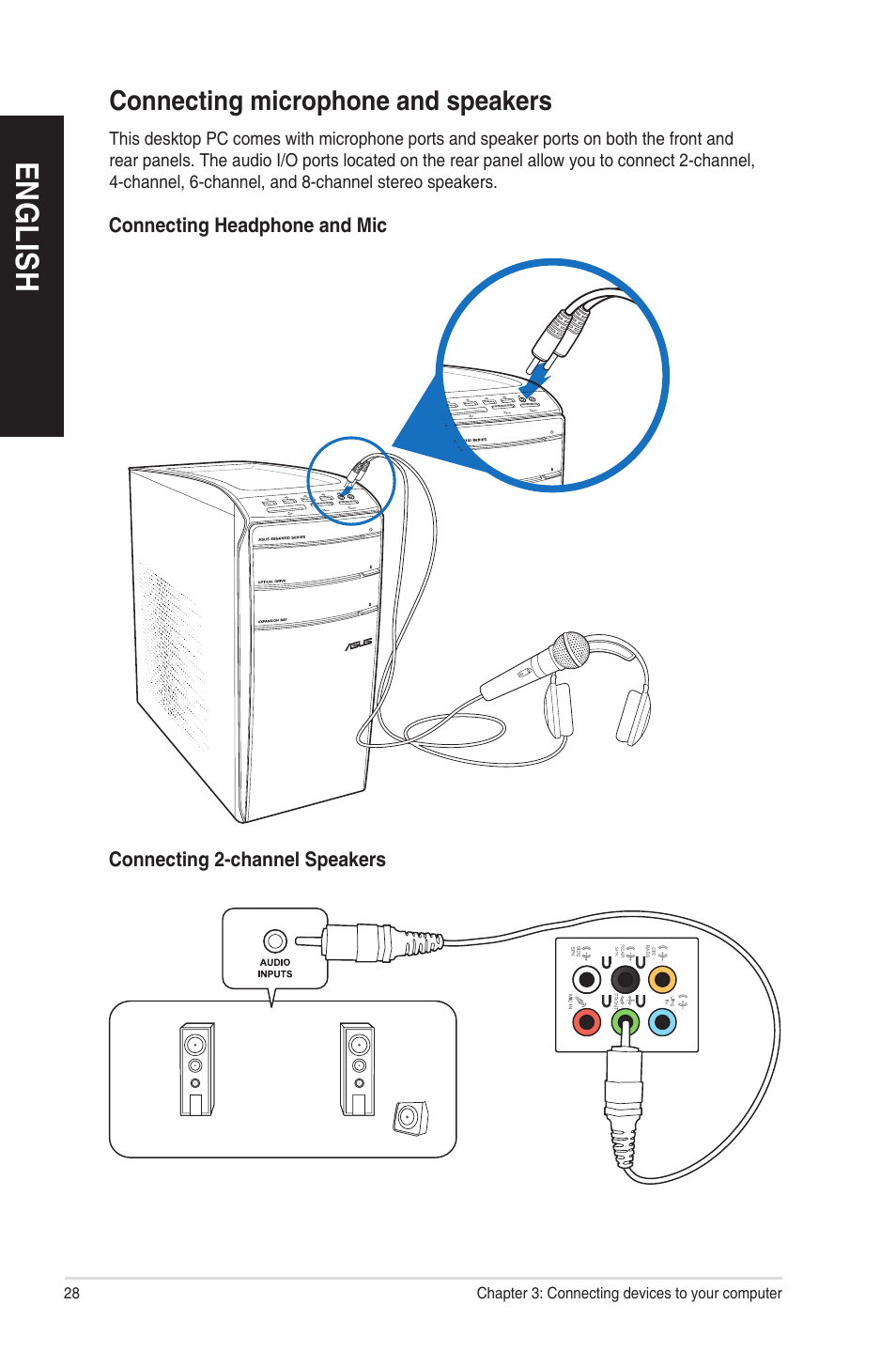 Connecting microphone and speakers, En g lis h en g li sh en g lis h en g li sh | Asus CM1831 User Manual | Page 28 / 208