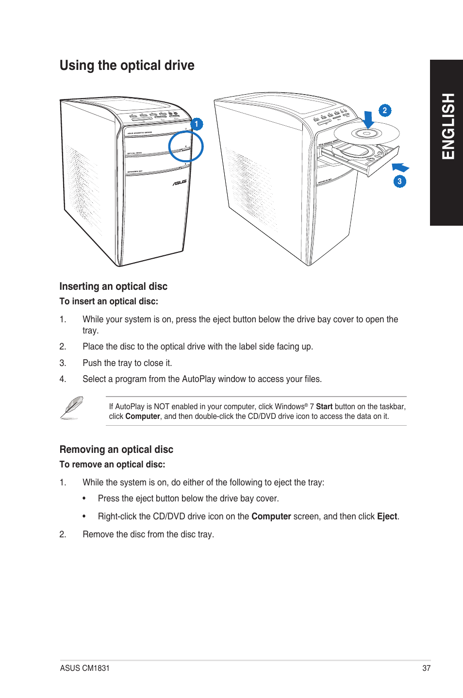 Using the optical drive, En g lis h en g li sh | Asus CM1831 User Manual | Page 37 / 208