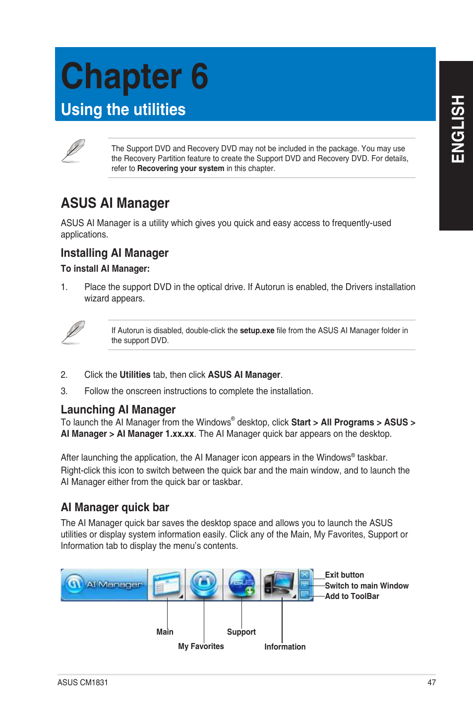 Chapter 6, Using the utilities, Asus ai manager | Chapter 6: using the utilities, En g lis h en g li sh | Asus CM1831 User Manual | Page 47 / 208