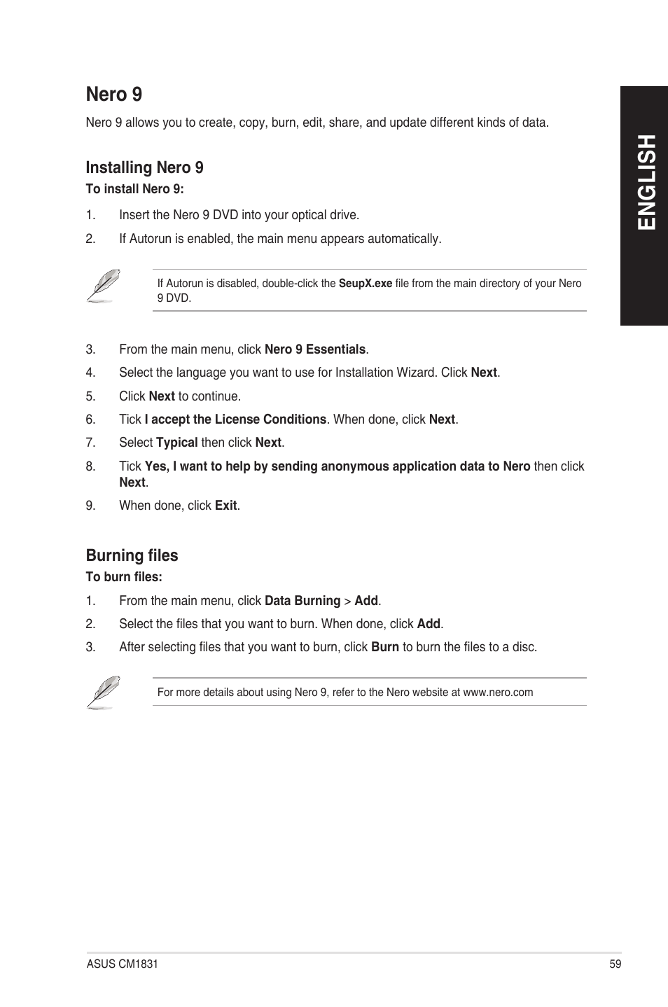 Nero 9, En g lis h en g li sh | Asus CM1831 User Manual | Page 59 / 208