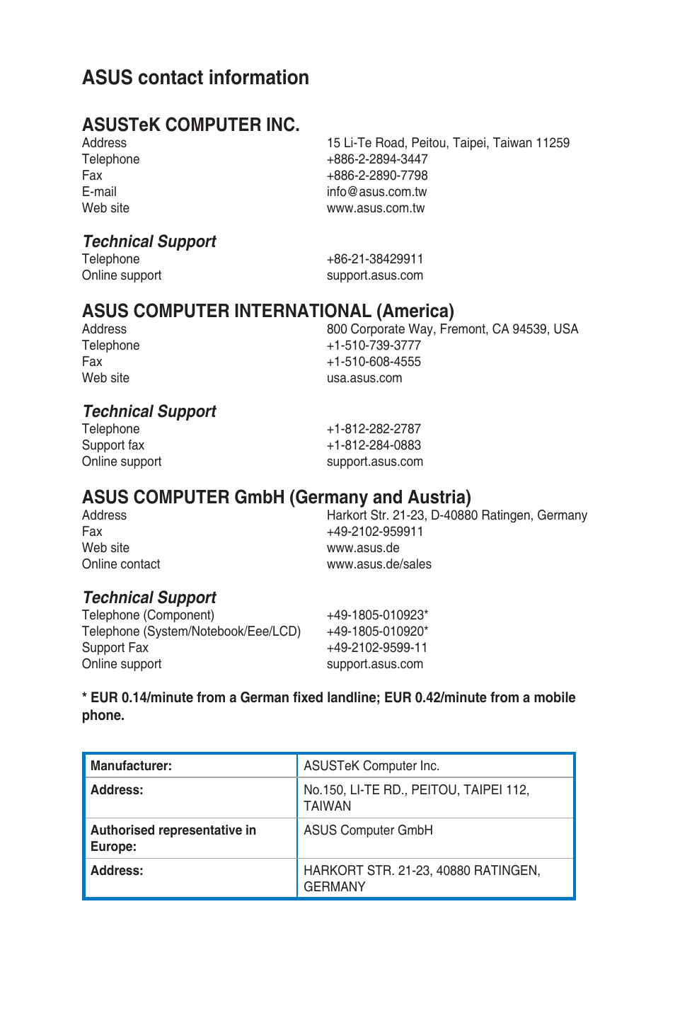 Asus contact information, Asustek computer inc, Asus computer international �america | Asus computer gmbh �germany and austria, Technical support | Asus CM1831 User Manual | Page 70 / 208