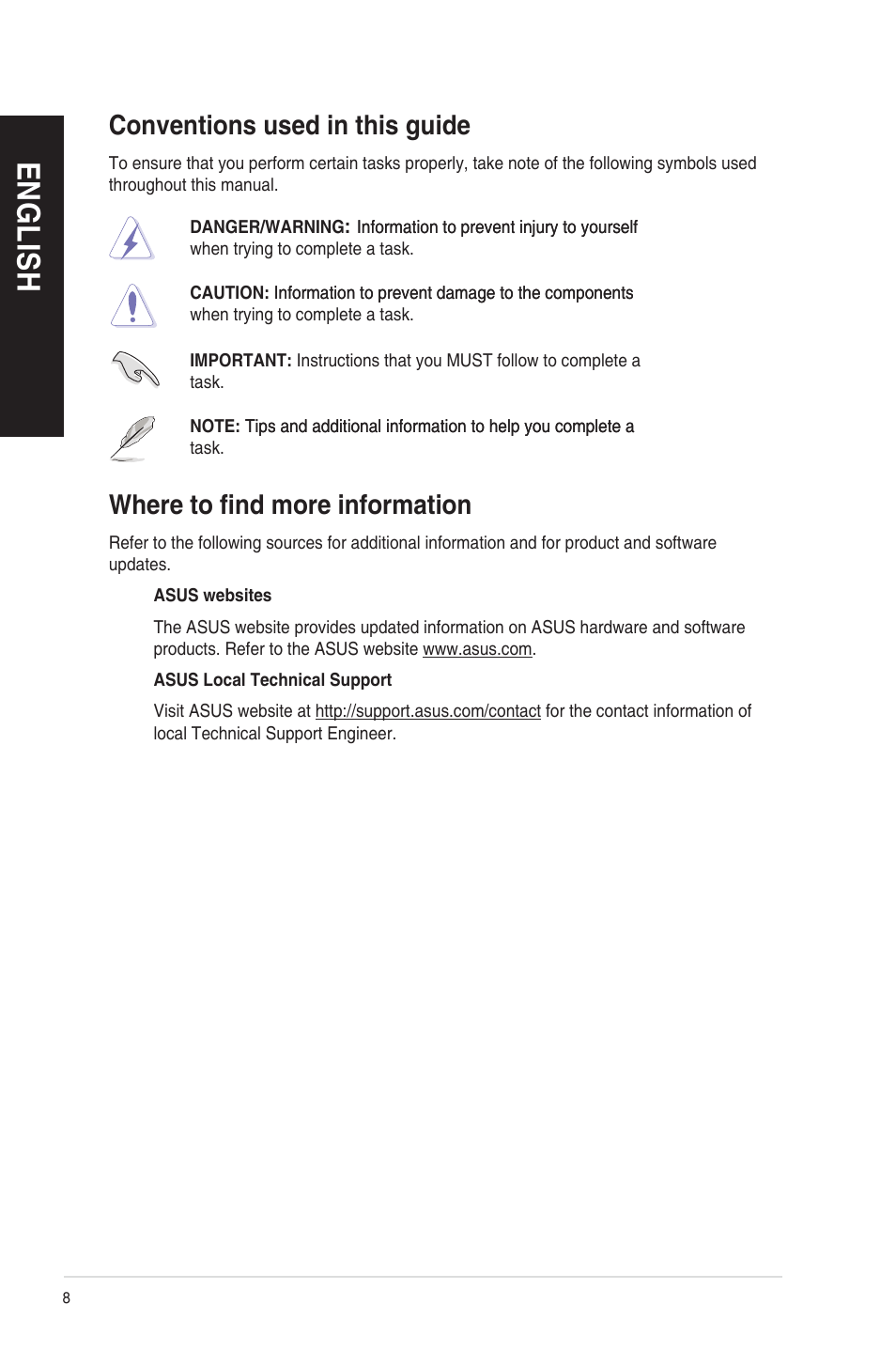 Conventions used in this guide, Where to find more information, En g lis h en g li sh en g lis h en g li sh | Asus CM1831 User Manual | Page 8 / 208