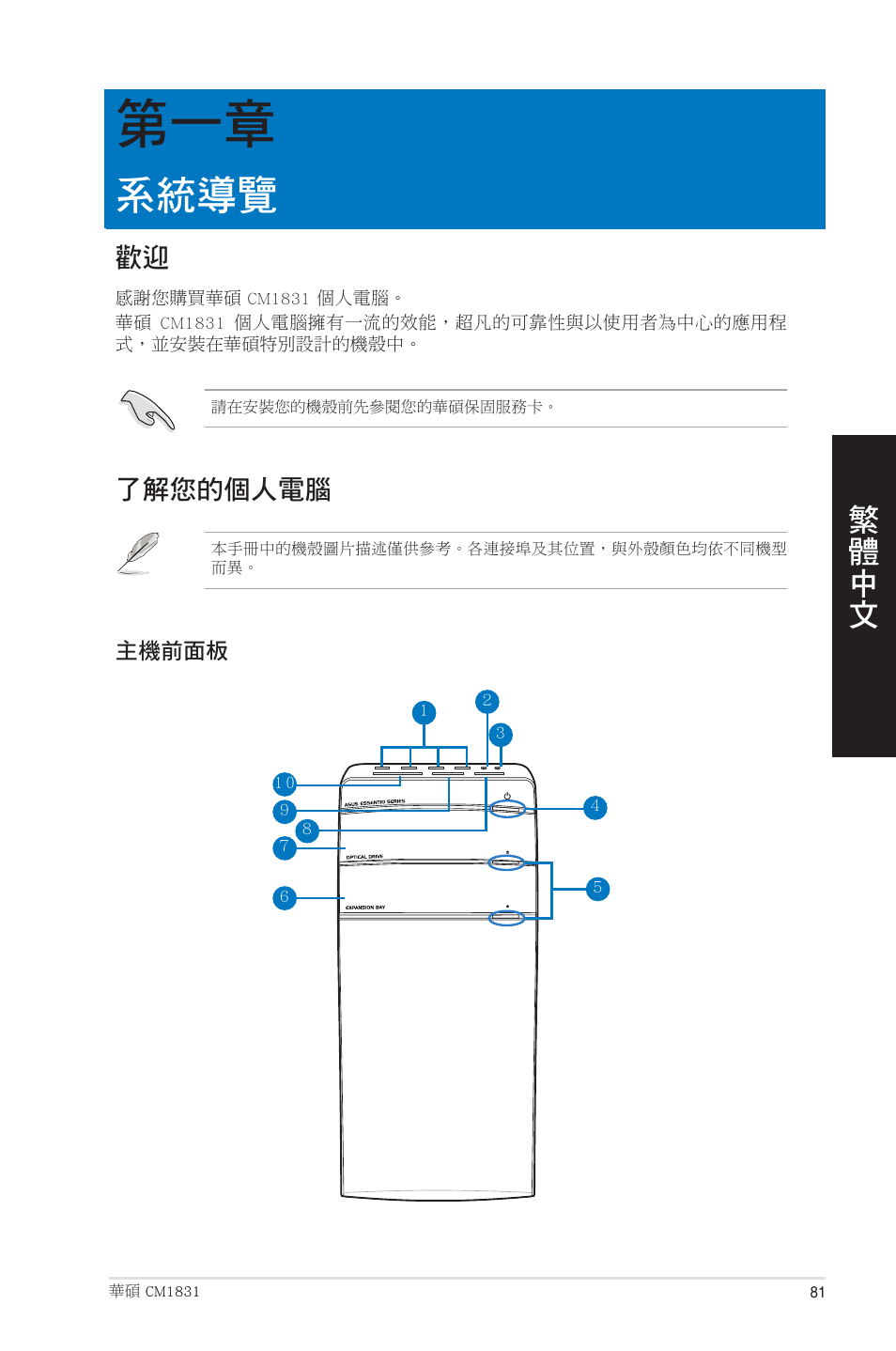 系統導覽, 了解您的個人電腦, 第一章：系統導覽 | 歡迎 了解您的個人電腦 | Asus CM1831 User Manual | Page 81 / 208