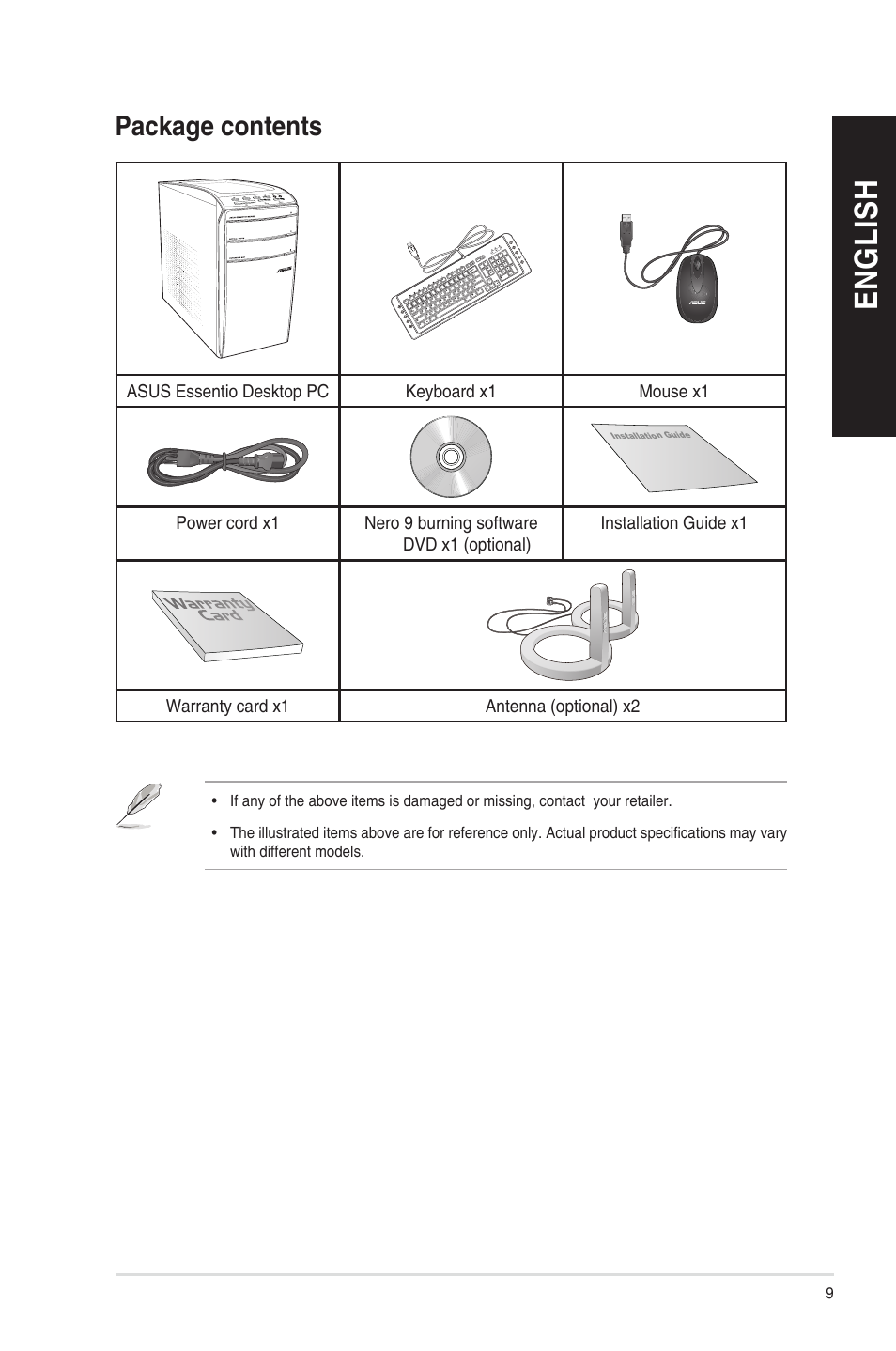 Package contents, En g lis h en g li sh en g lis h en g li sh | Asus CM1831 User Manual | Page 9 / 208