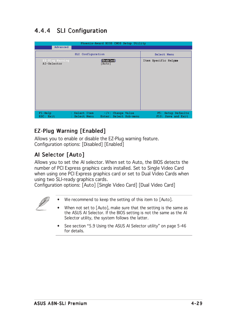 Ez-plug warning [enabled, Ai selector [auto | Asus A8N-SLI Premium User Manual | Page 104 / 189