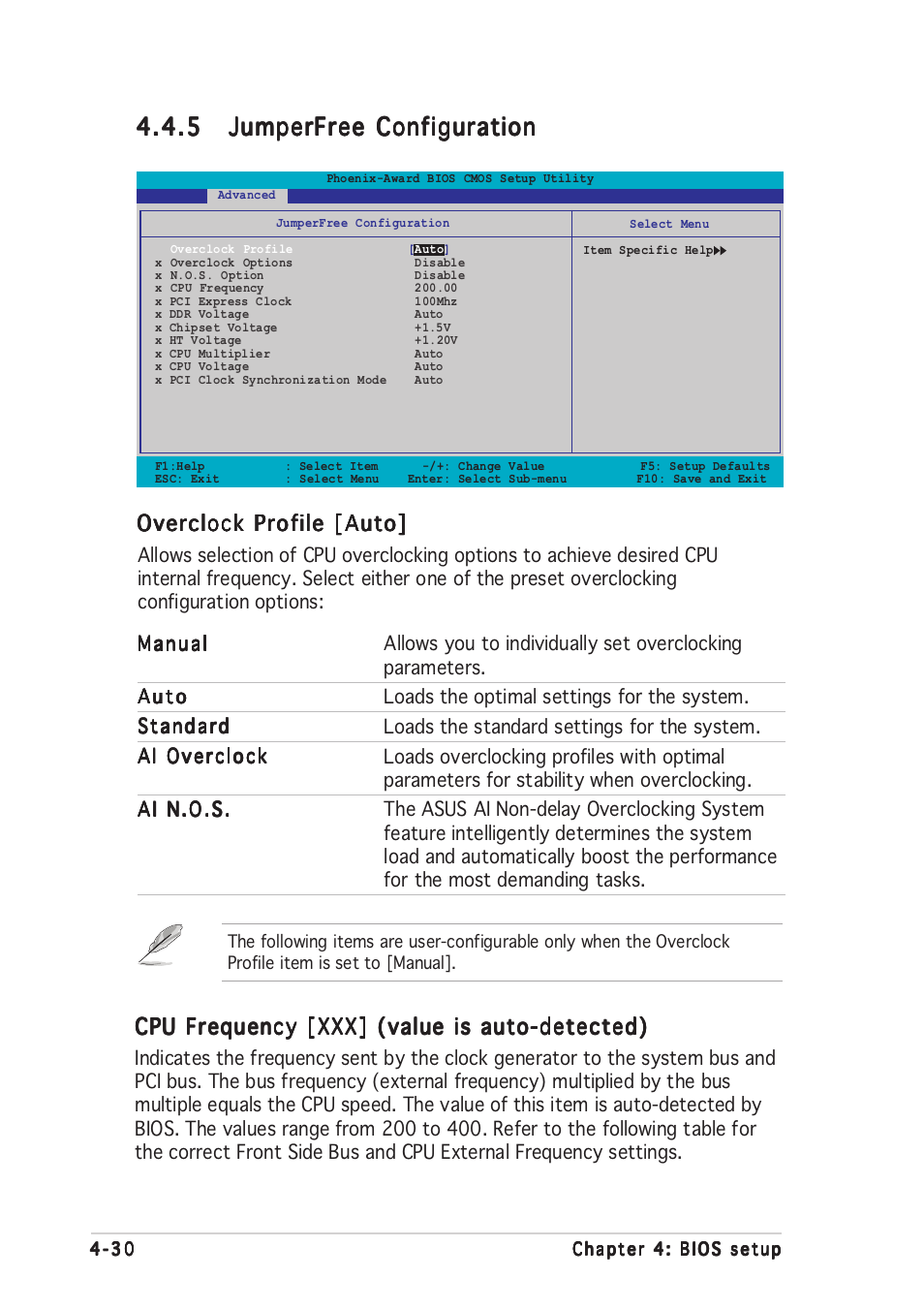 Cpu frequency [xxx] (value is auto-detected), Overclock profile [auto | Asus A8N-SLI Premium User Manual | Page 105 / 189