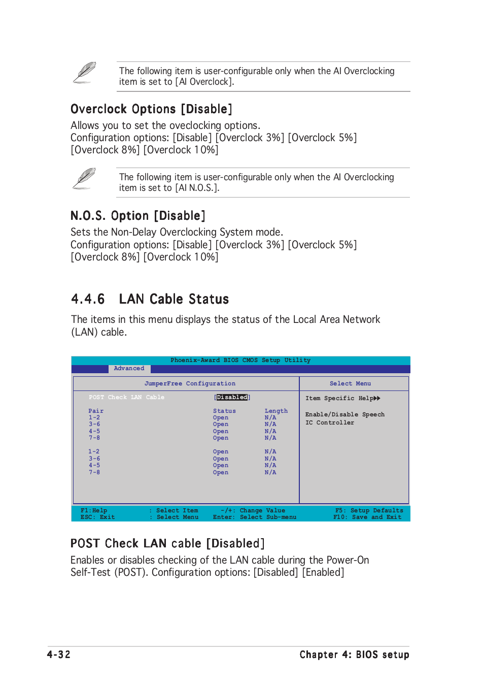 N.o.s. option [disable, Overclock options [disable, Post check lan cable [disabled | Asus A8N-SLI Premium User Manual | Page 107 / 189