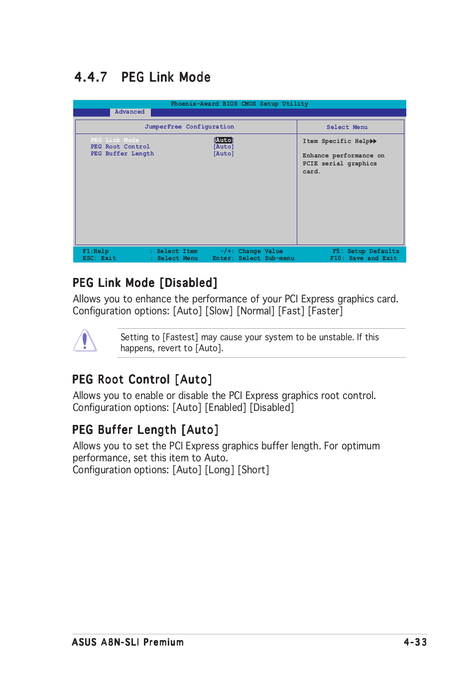 Peg link mode [disabled, Peg root control [auto, Peg buffer length [auto | Asus A8N-SLI Premium User Manual | Page 108 / 189