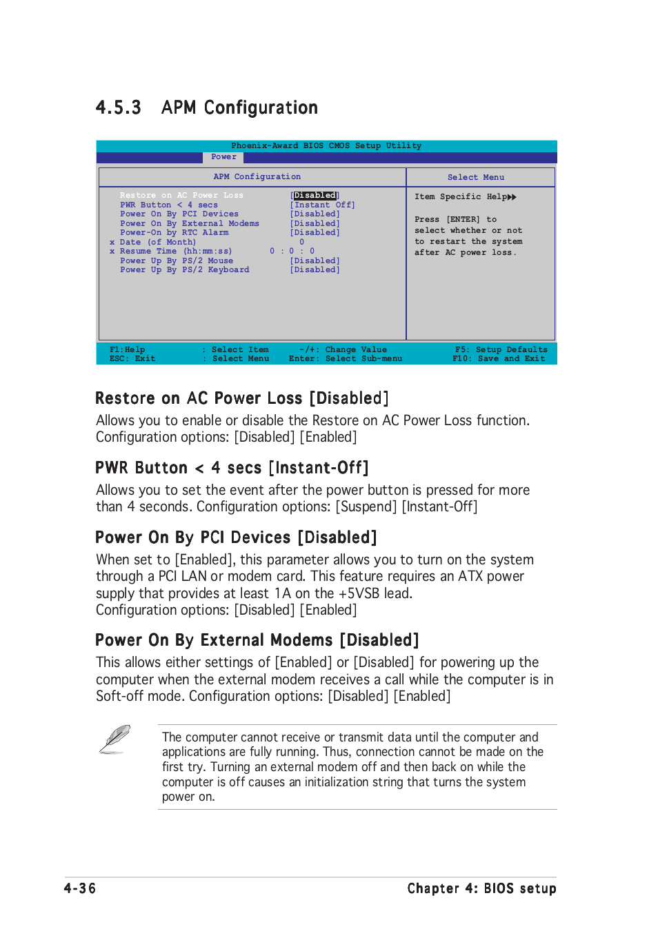 Restore on ac power loss [disabled, Pwr button < 4 secs [instant-off, Power on by pci devices [disabled | Power on by external modems [disabled | Asus A8N-SLI Premium User Manual | Page 111 / 189