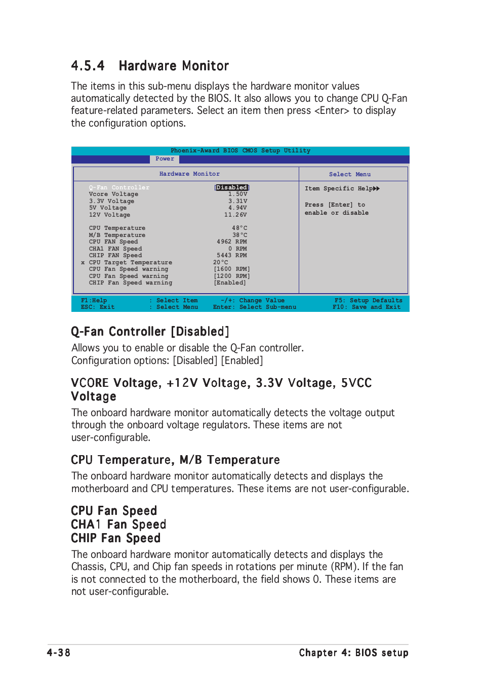 Q-fan controller [disabled, Cpu temperature, m/b temperature, Cpu fan speed | Asus A8N-SLI Premium User Manual | Page 113 / 189