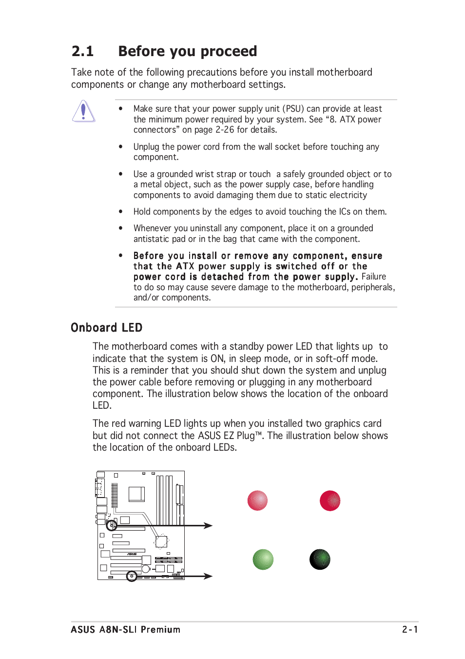 1 before you proceed, Onboard led | Asus A8N-SLI Premium User Manual | Page 27 / 189