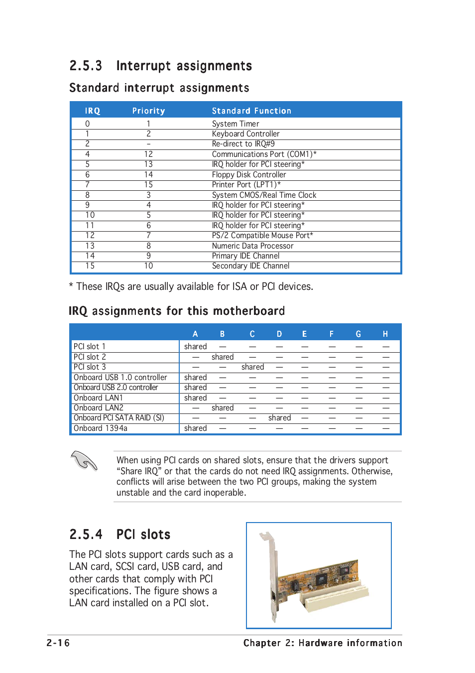 Standard interrupt assignments, Irq assignments for this motherboard | Asus A8N-SLI Premium User Manual | Page 42 / 189