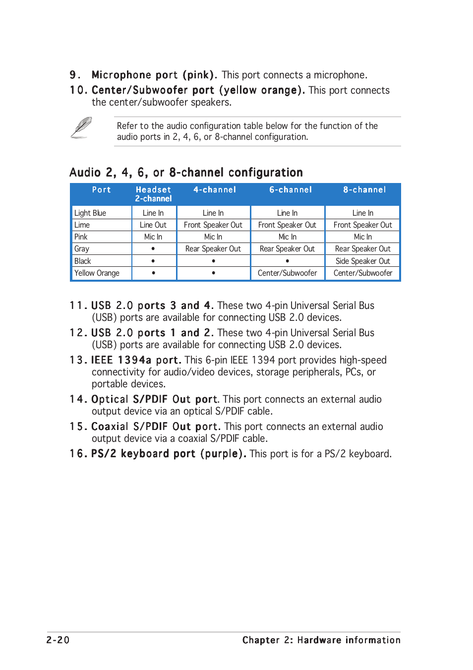 Audio 2, 4, 6, or 8-channel configuration | Asus A8N-SLI Premium User Manual | Page 46 / 189
