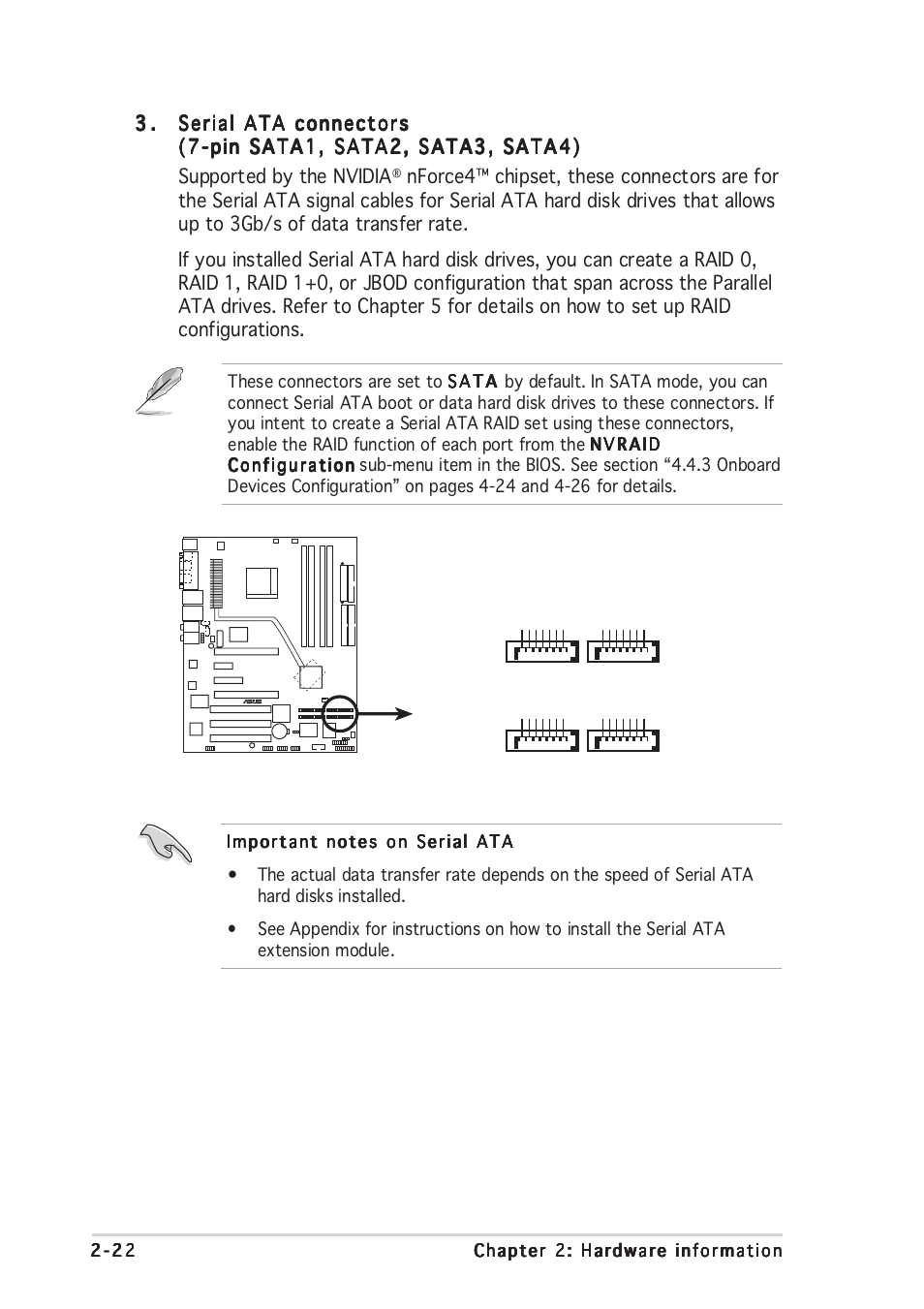 A8n-sli premium sata connectors sata1 sata2, Sata3 sata4 | Asus A8N-SLI Premium User Manual | Page 48 / 189