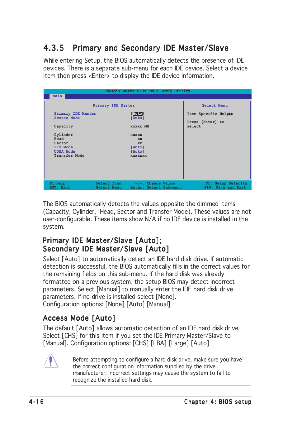 Primary ide master/slave [auto, Access mode [auto | Asus A8N-SLI Premium User Manual | Page 91 / 189