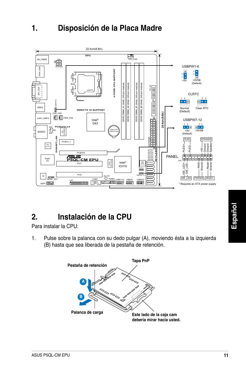 Español, Asus p5ql-cm epu, Panel | P5ql-cm epu | Asus P5QL-VM EPU User Manual | Page 11 / 38