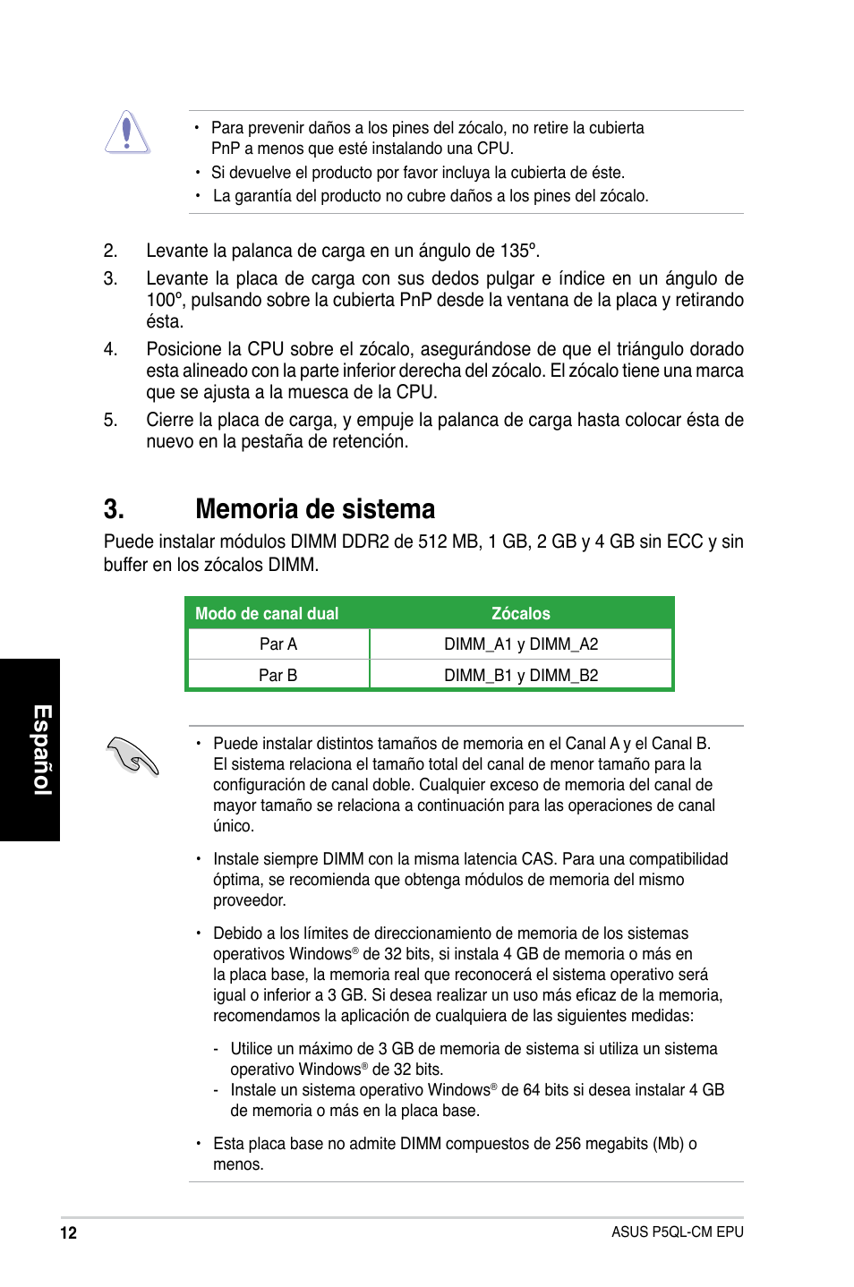 Español | Asus P5QL-VM EPU User Manual | Page 12 / 38