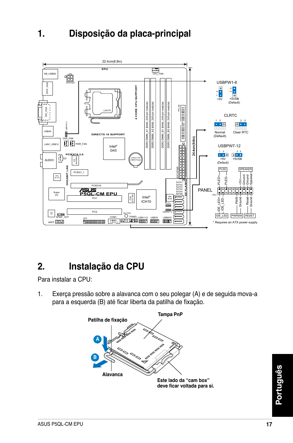 Disposição da placa-principal . instalação da cpu, Português, Asus p5ql-cm epu | Panel, P5ql-cm epu | Asus P5QL-VM EPU User Manual | Page 17 / 38