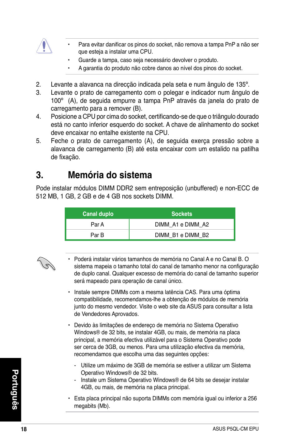 Memória do sistema, Português | Asus P5QL-VM EPU User Manual | Page 18 / 38