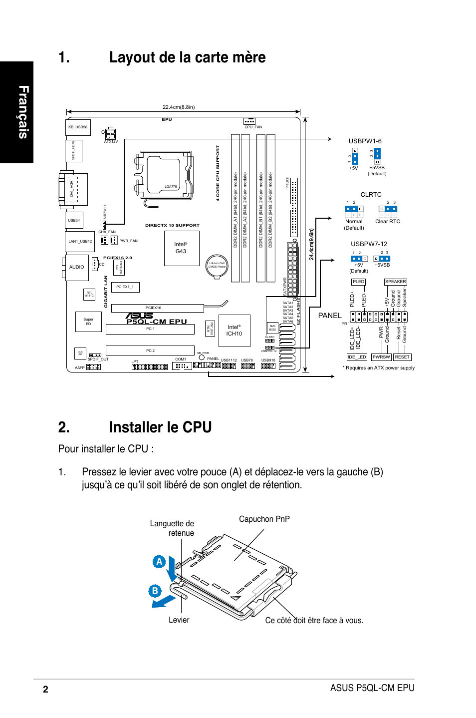 Installer le cpu, Layout de la carte mère, Français | Asus p5ql-cm epu a b, Panel, P5ql-cm epu | Asus P5QL-VM EPU User Manual | Page 2 / 38