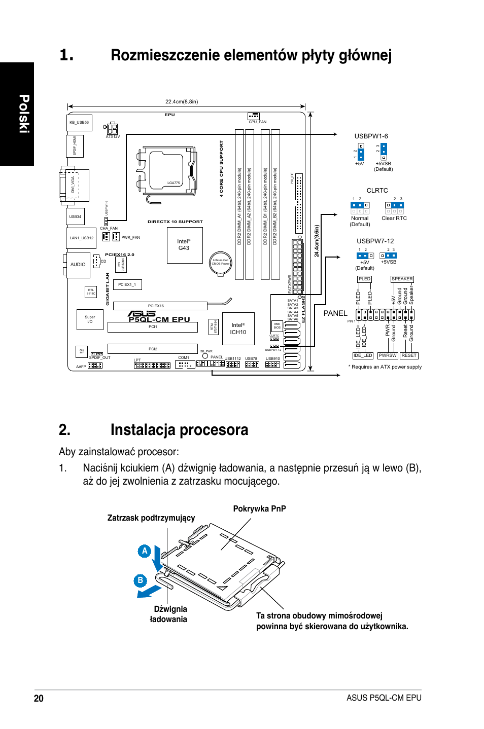Polski, Asus p5ql-cm epu, Panel | P5ql-cm epu | Asus P5QL-VM EPU User Manual | Page 20 / 38
