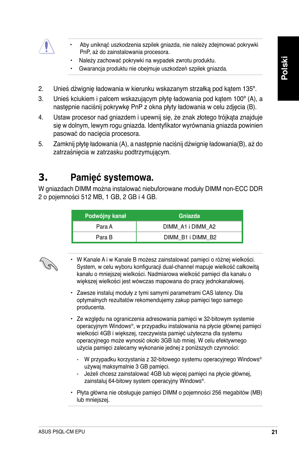 Pamięć systemowa, Polski | Asus P5QL-VM EPU User Manual | Page 21 / 38