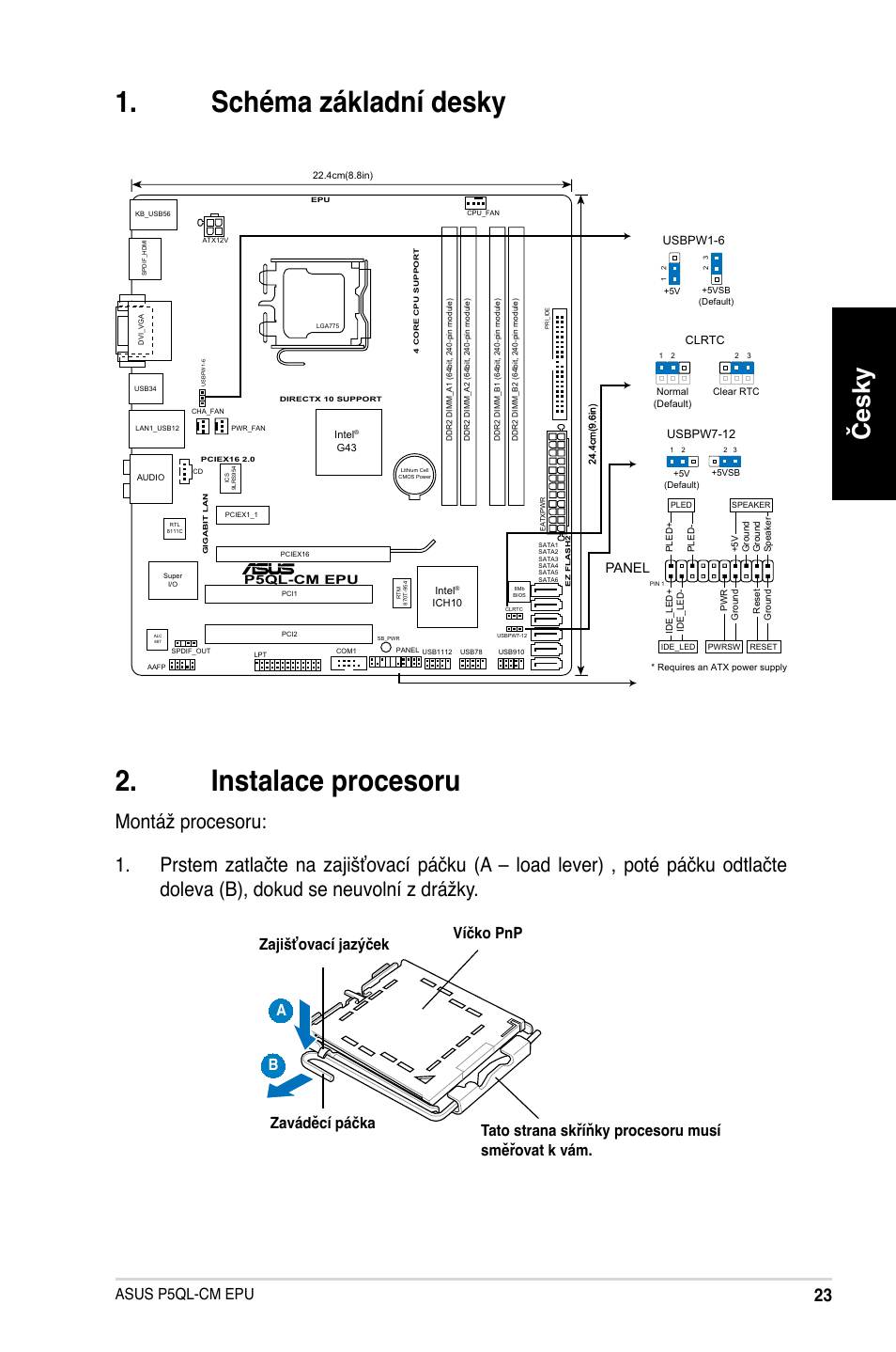 Schéma základní desky . instalace procesoru, Česky, Asus p5ql-cm epu | Panel, P5ql-cm epu | Asus P5QL-VM EPU User Manual | Page 23 / 38