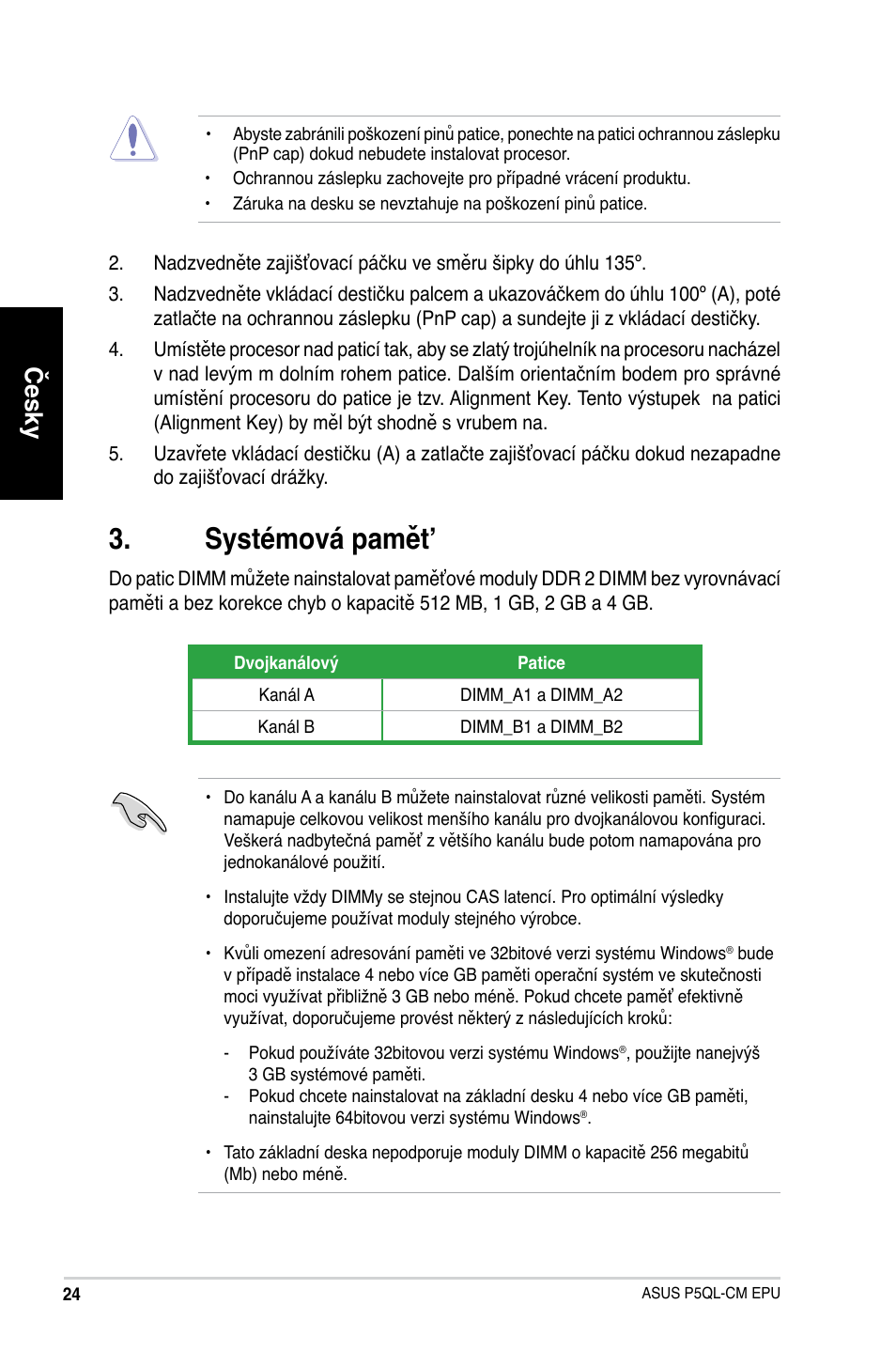 Systémová pamět, Česky | Asus P5QL-VM EPU User Manual | Page 24 / 38