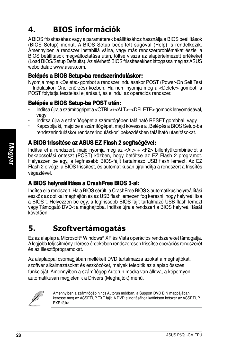 Bios információk, Szoftvertámogatás, Magyar | Asus P5QL-VM EPU User Manual | Page 28 / 38